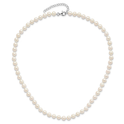 Sterling Silver Rhodium-plated 6-7mm White Semi-Round Freshwater Cultured Pearl 18 inch with 2 inch Extension Necklace, 7 inch Bracelet and Button Post Earrings Set