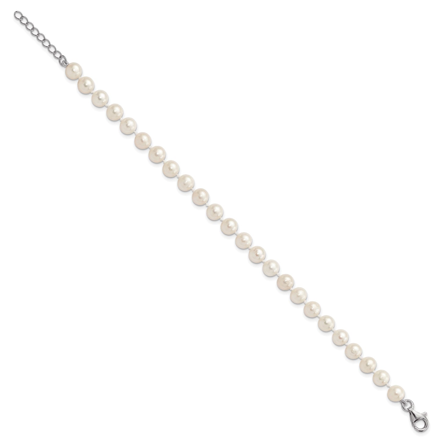 Sterling Silver Rhodium-plated 6-7mm White Semi-Round Freshwater Cultured Pearl 18 inch with 2 inch Extension Necklace, 7 inch Bracelet and Button Post Earrings Set