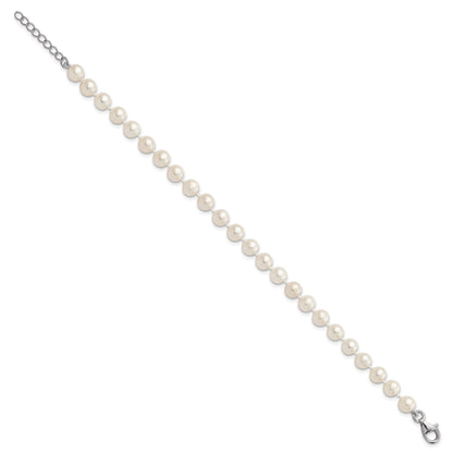 Sterling Silver Rhodium-plated 6-7mm White Semi-Round Freshwater Cultured Pearl 18 inch with 2 inch Extension Necklace, 7 inch Bracelet and Button Post Earrings Set
