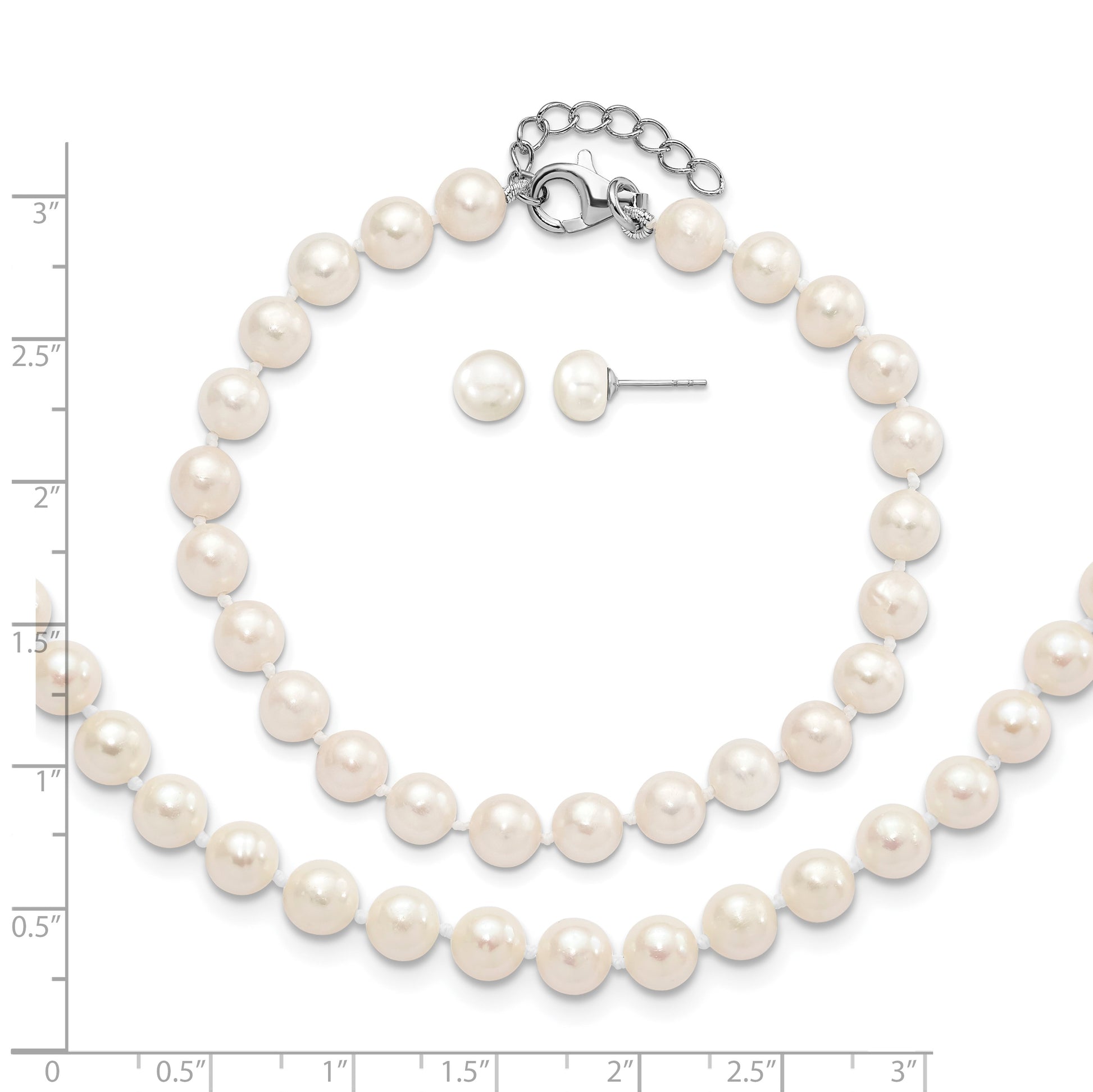Sterling Silver Rhodium-plated 6-7mm White Semi-Round Freshwater Cultured Pearl 18 inch with 2 inch Extension Necklace, 7 inch Bracelet and Button Post Earrings Set