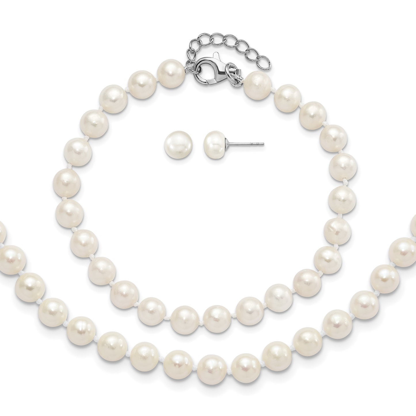 Sterling Silver Rhodium-plated 6-7mm White Semi-Round Freshwater Cultured Pearl 18 inch with 2 inch Extension Necklace, 7 inch Bracelet and Button Post Earrings Set