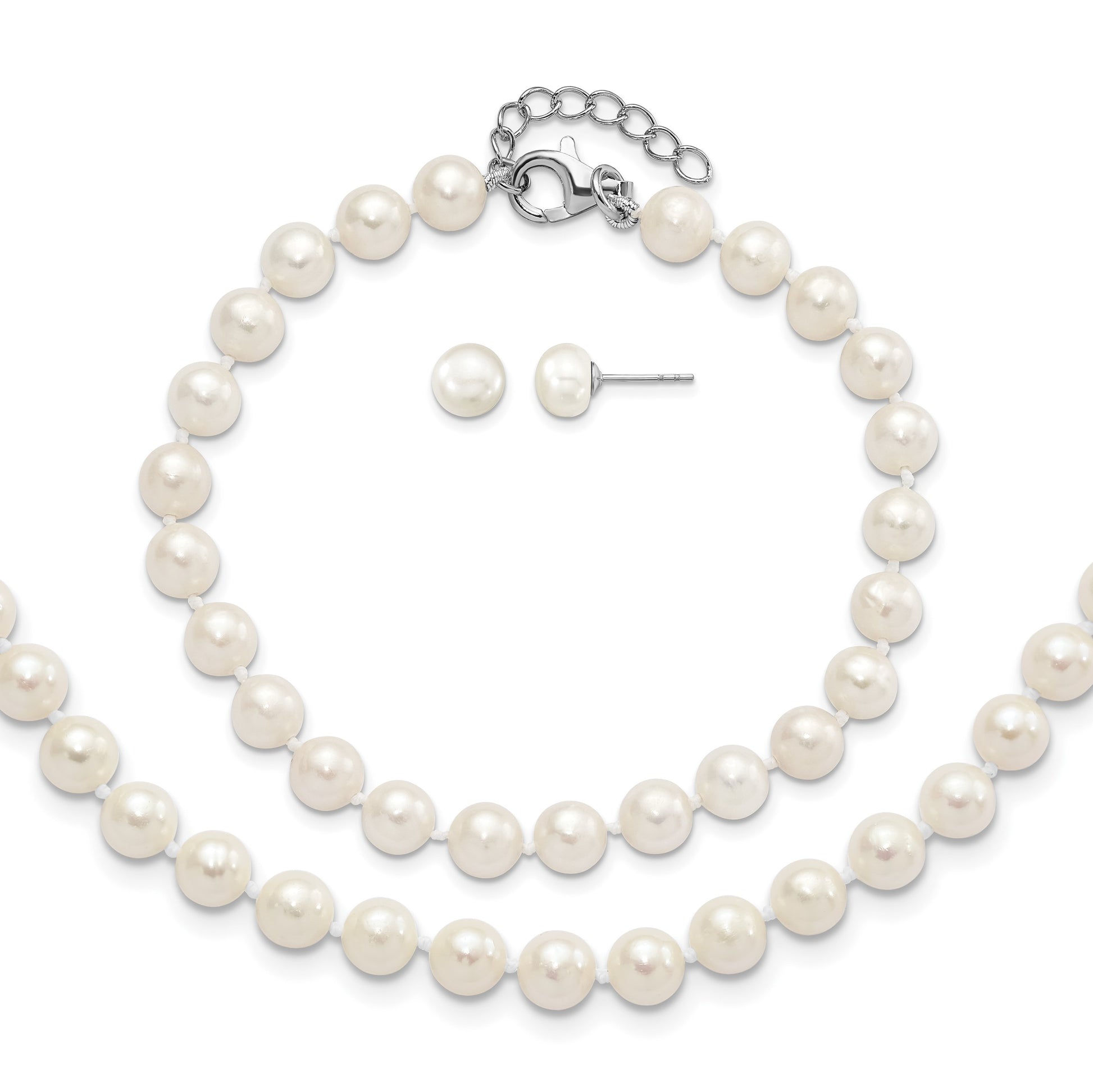 Sterling Silver Rhodium-plated 6-7mm White Semi-Round Freshwater Cultured Pearl 18 inch with 2 inch Extension Necklace, 7 inch Bracelet and Button Post Earrings Set
