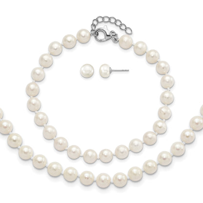 Sterling Silver Rhodium-plated 6-7mm White Semi-Round Freshwater Cultured Pearl 18 inch with 2 inch Extension Necklace, 7 inch Bracelet and Button Post Earrings Set