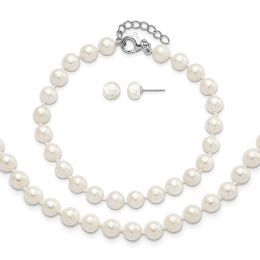Sterling Silver Rhodium-plated 6-7mm White Semi-Round Freshwater Cultured Pearl 18 inch with 2 inch Extension Necklace, 7 inch Bracelet and Button Post Earrings Set