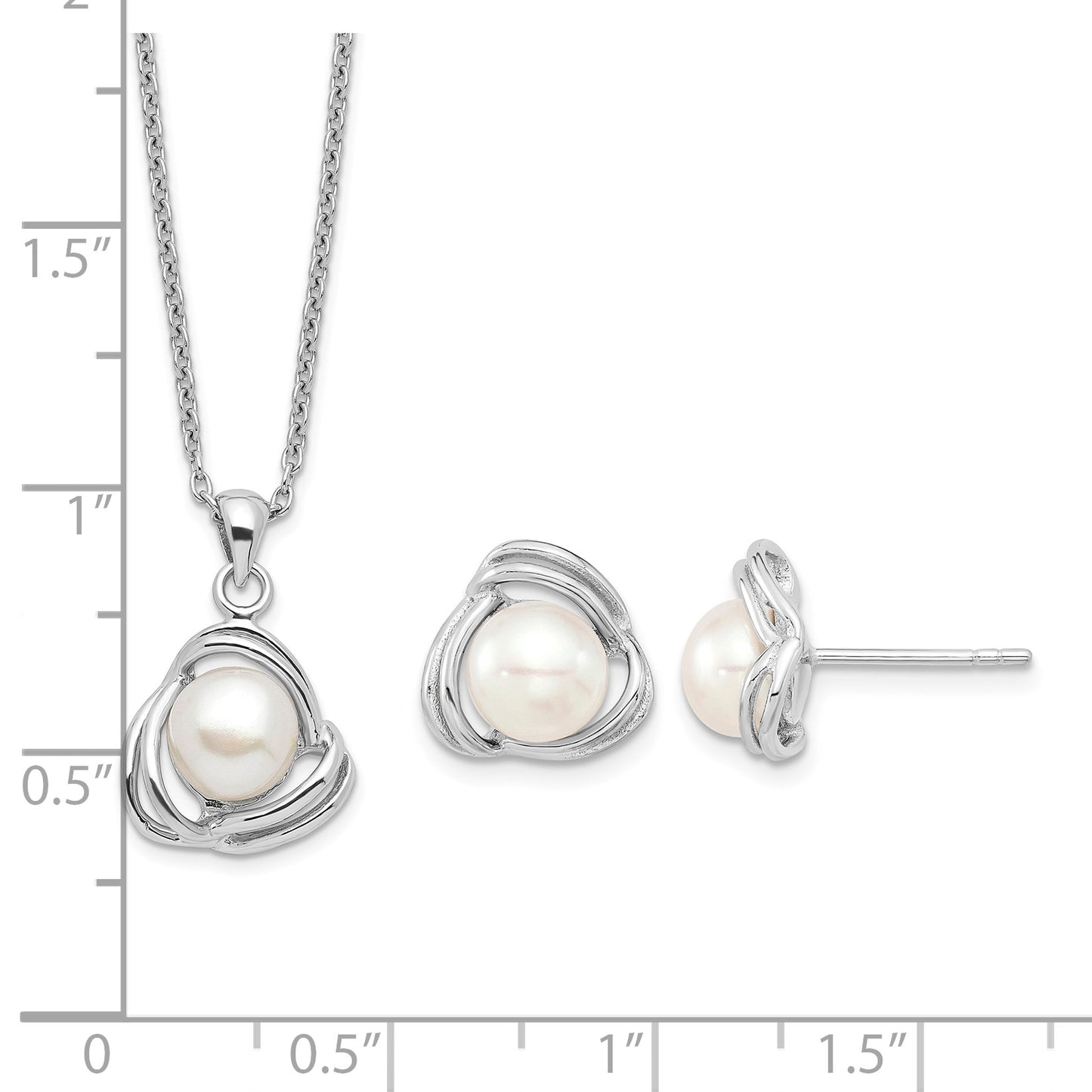 Sterling Silver Rhodium-plated 6-7mm White Button Freshwater Cultured Pearl 17 inch Necklace and Post Earrings Set
