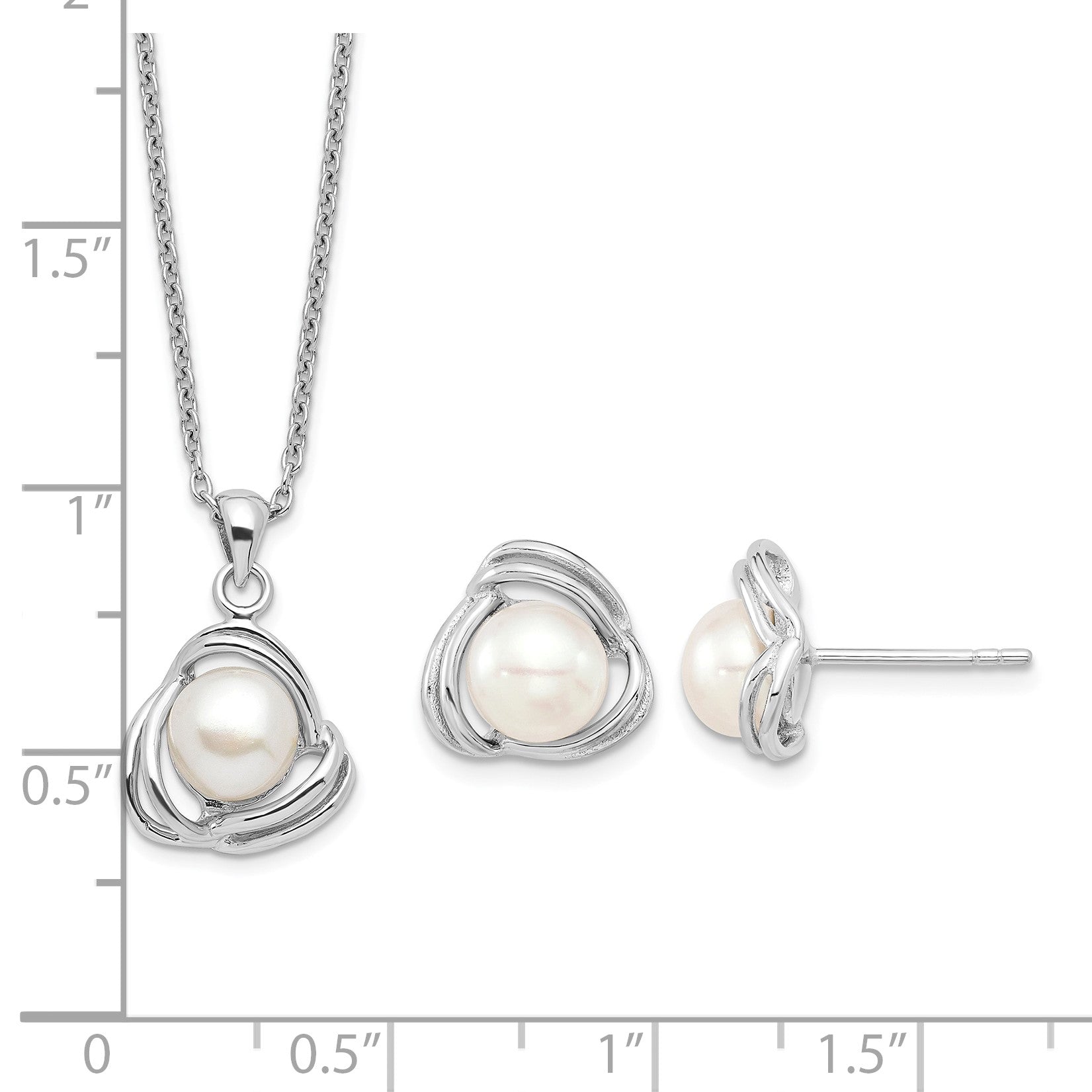 Sterling Silver Rhodium-plated 6-7mm White Button Freshwater Cultured Pearl 17 inch Necklace and Post Earrings Set