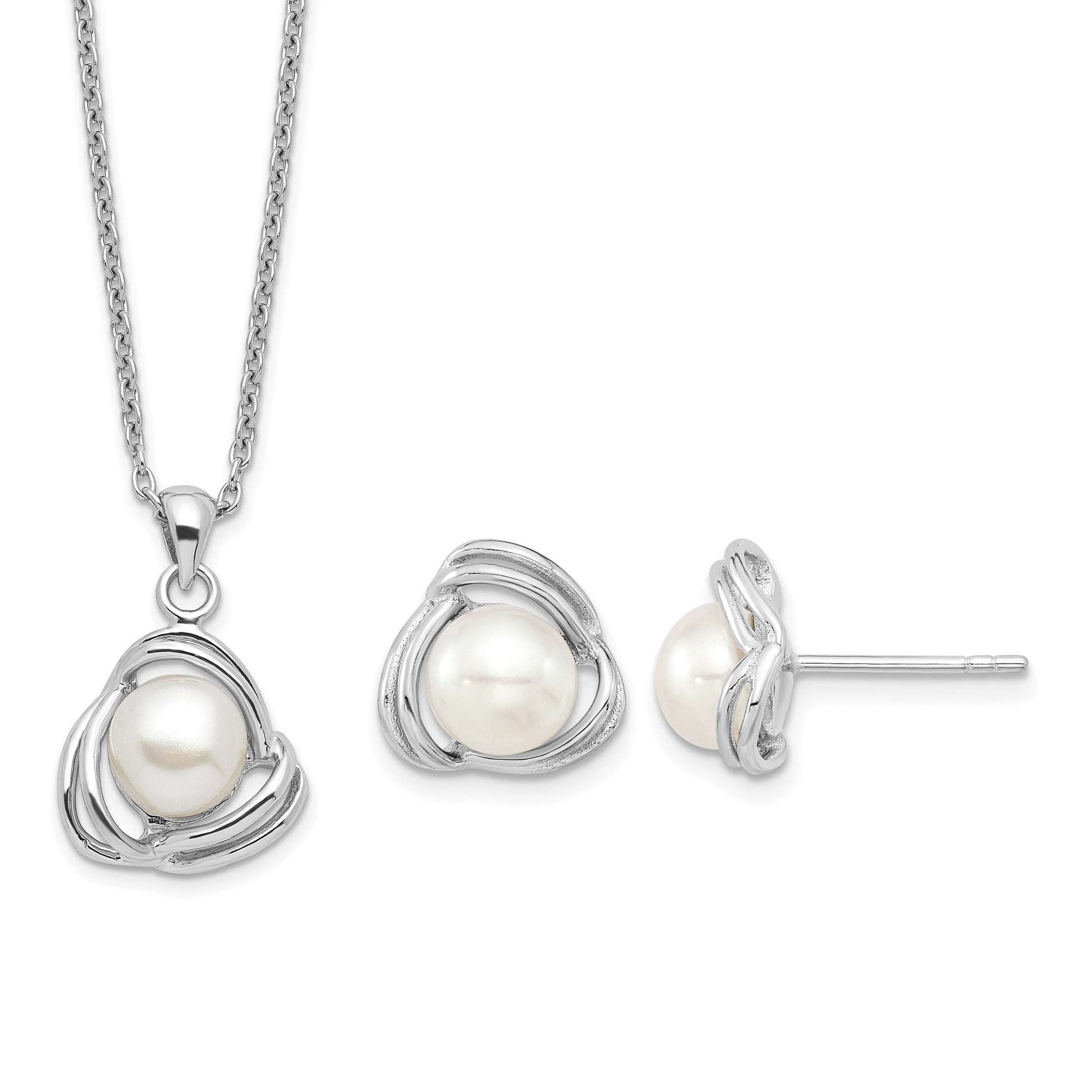 Sterling Silver Rhodium-plated 6-7mm White Button Freshwater Cultured Pearl 17 inch Necklace and Post Earrings Set