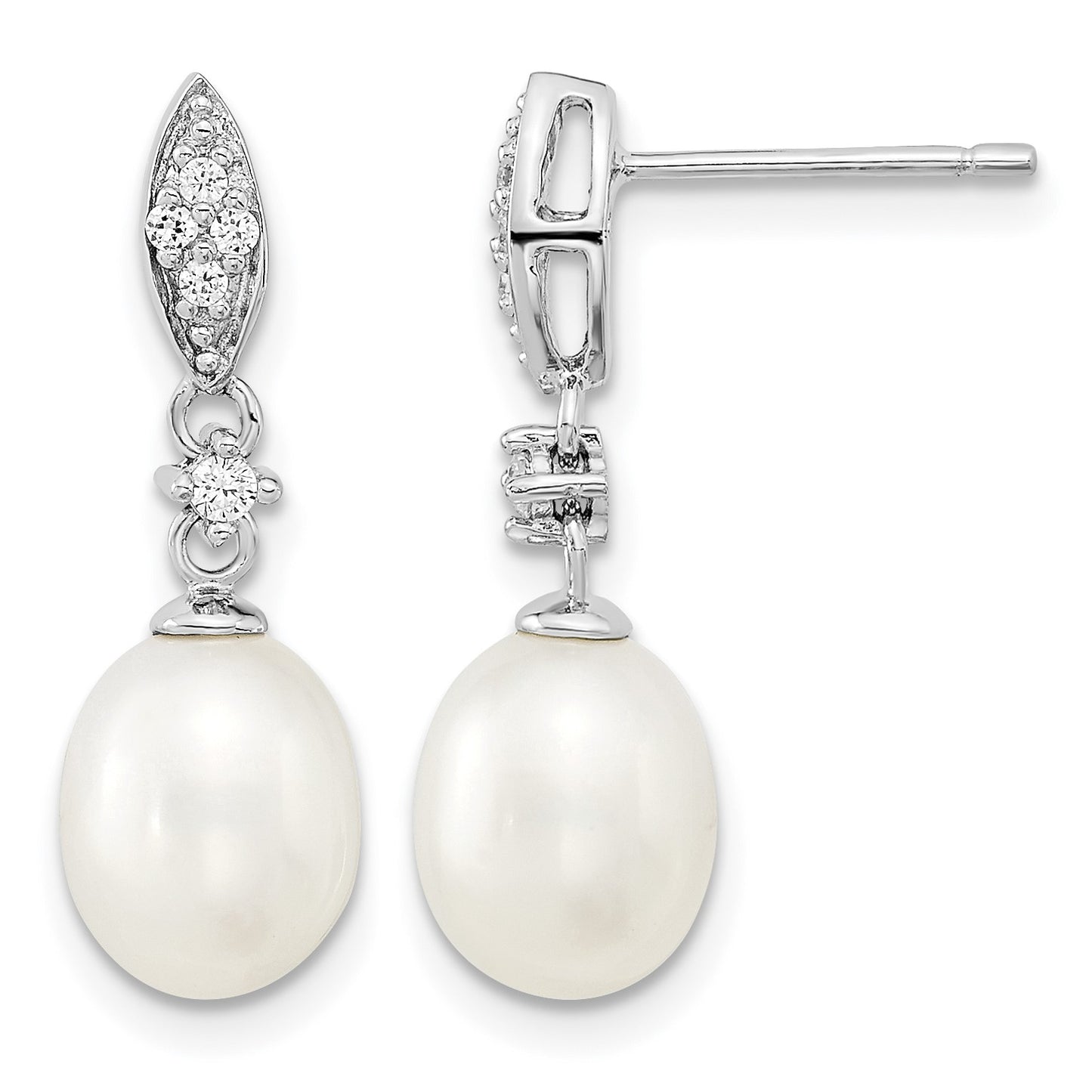 Sterling Silver Rhodium-plated 8-9mm White Teardrop Freshwater Cultured Pearl and CZ 17 inch Necklace and Post Dangle Earrings Set