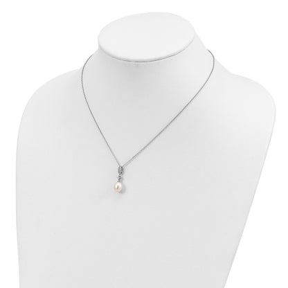 Sterling Silver Rhodium-plated 8-9mm White Teardrop Freshwater Cultured Pearl and CZ 17 inch Necklace and Post Dangle Earrings Set