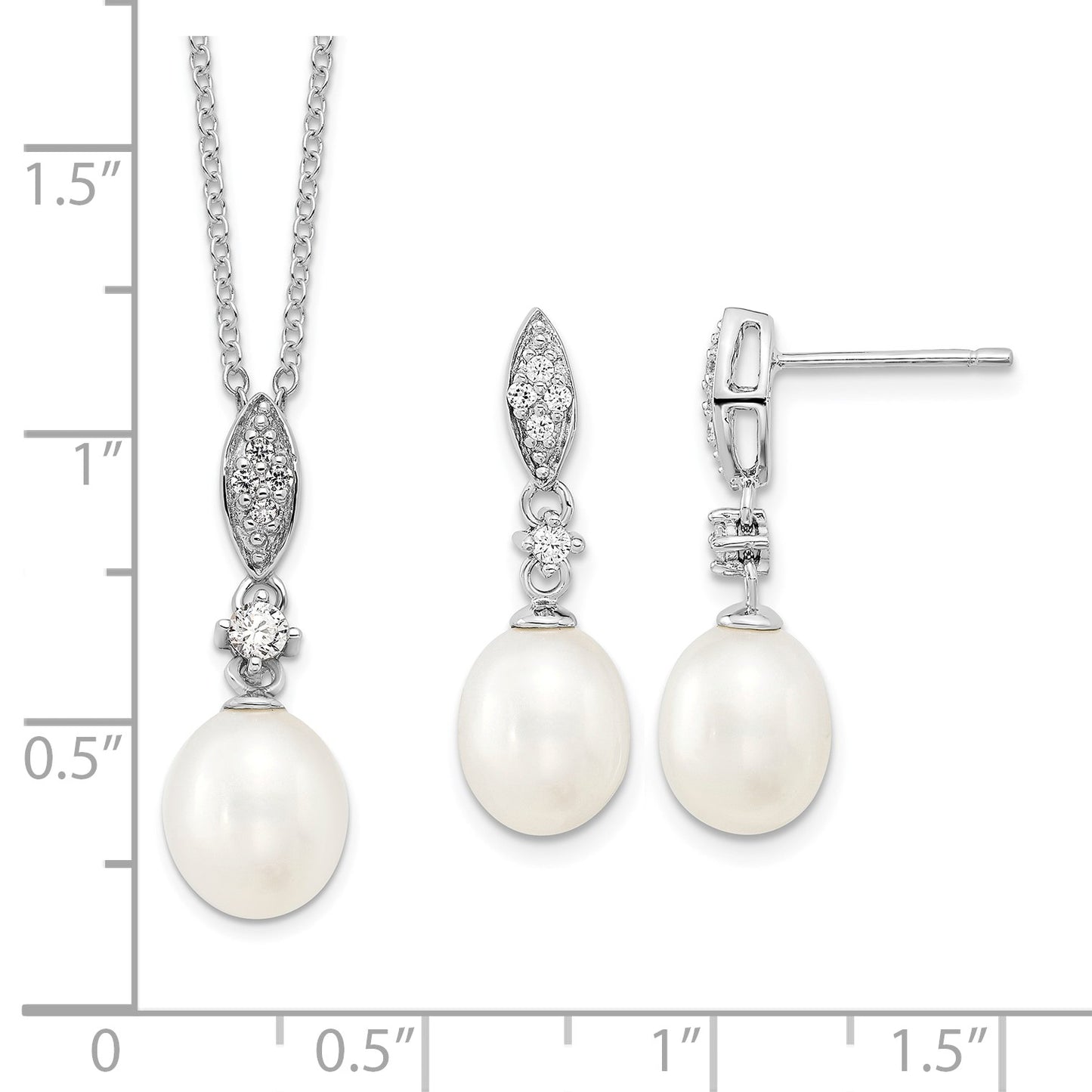 Sterling Silver Rhodium-plated 8-9mm White Teardrop Freshwater Cultured Pearl and CZ 17 inch Necklace and Post Dangle Earrings Set