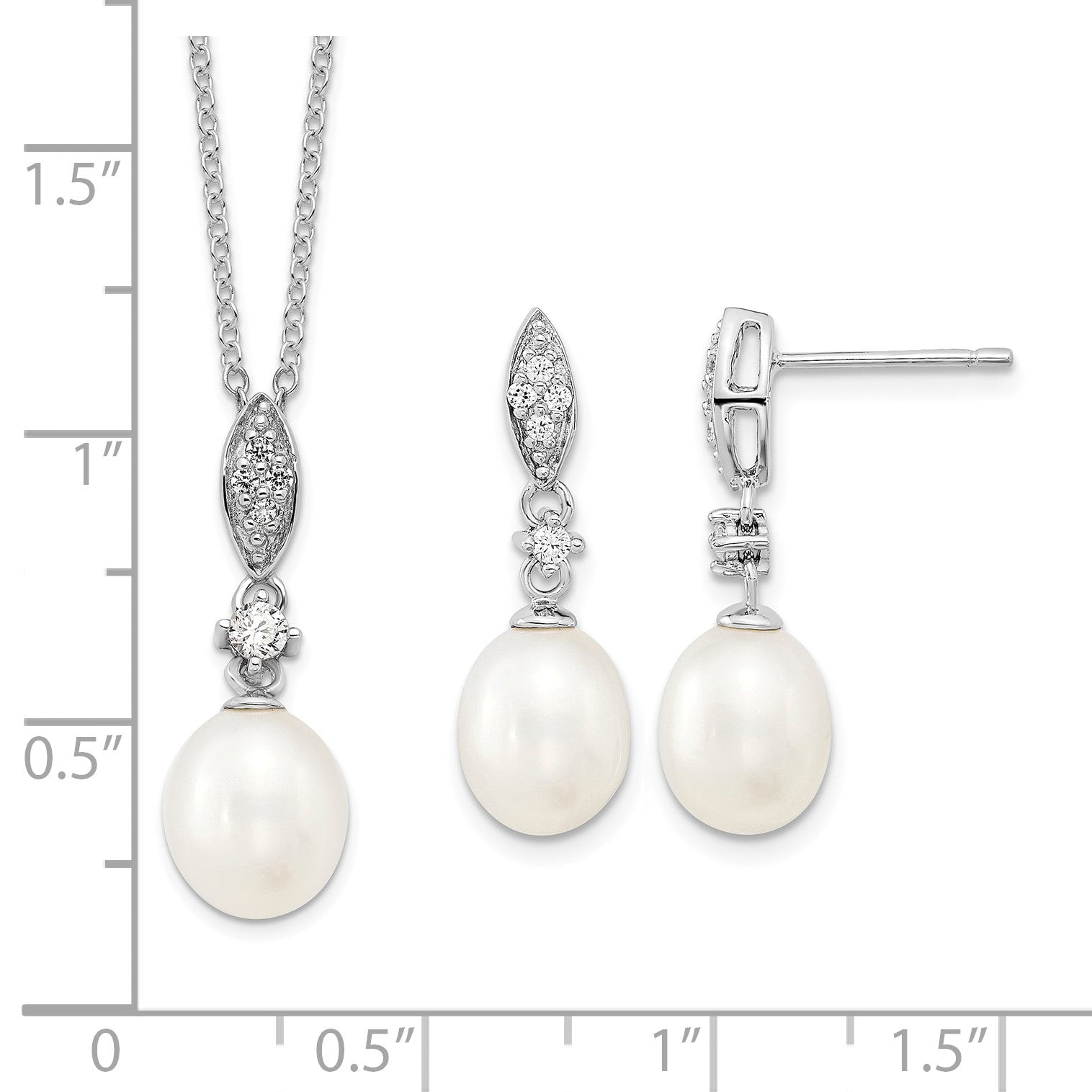 Sterling Silver Rhodium-plated 8-9mm White Teardrop Freshwater Cultured Pearl and CZ 17 inch Necklace and Post Dangle Earrings Set