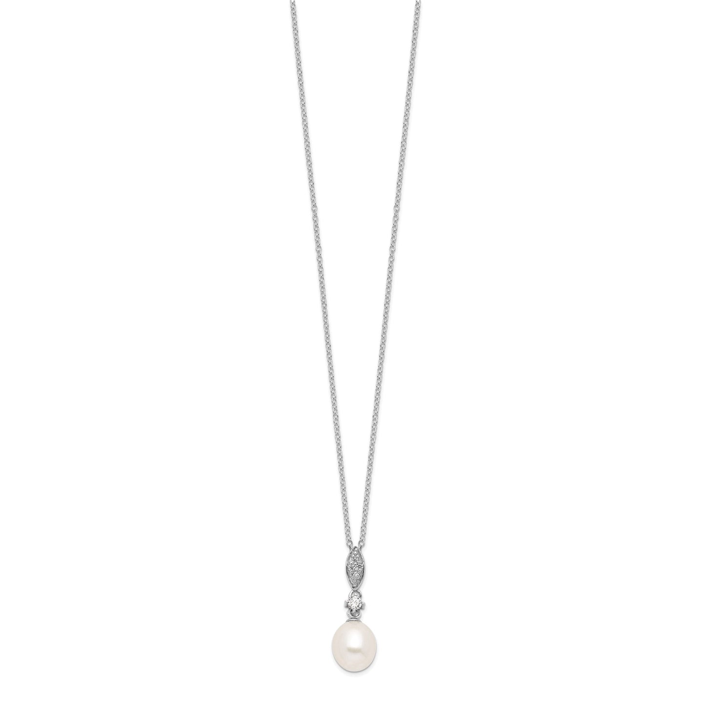Sterling Silver Rhodium-plated 8-9mm White Teardrop Freshwater Cultured Pearl and CZ 17 inch Necklace and Post Dangle Earrings Set