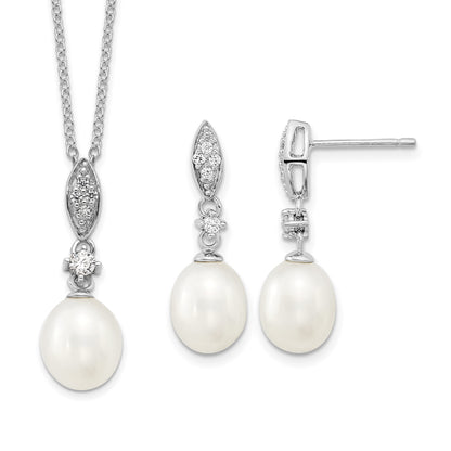 Sterling Silver Rhodium-plated 8-9mm White Teardrop Freshwater Cultured Pearl and CZ 17 inch Necklace and Post Dangle Earrings Set