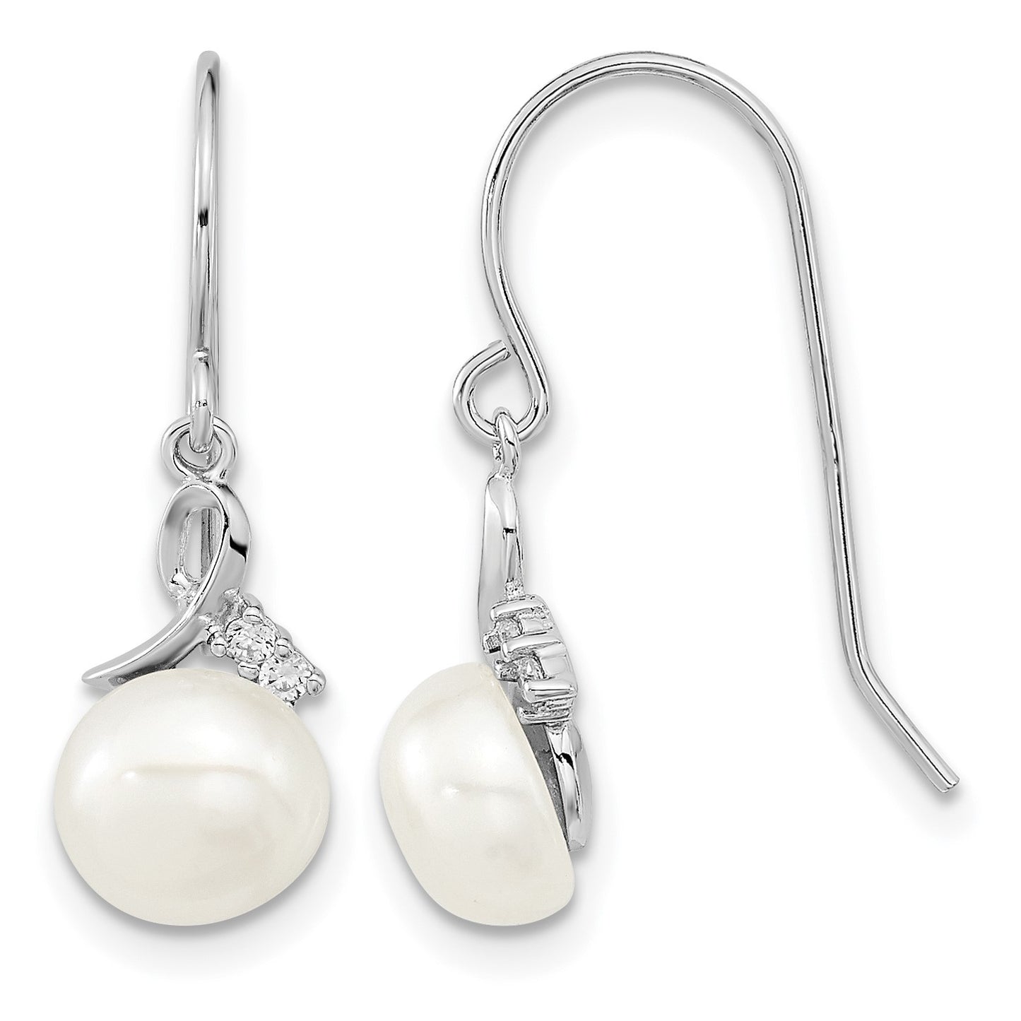Sterling Silver Rhodium-plated 7-8mm White Semi-Round Freshwater Cultured Pearl and CZ 17 inch Necklace and Dangle Earrings Set