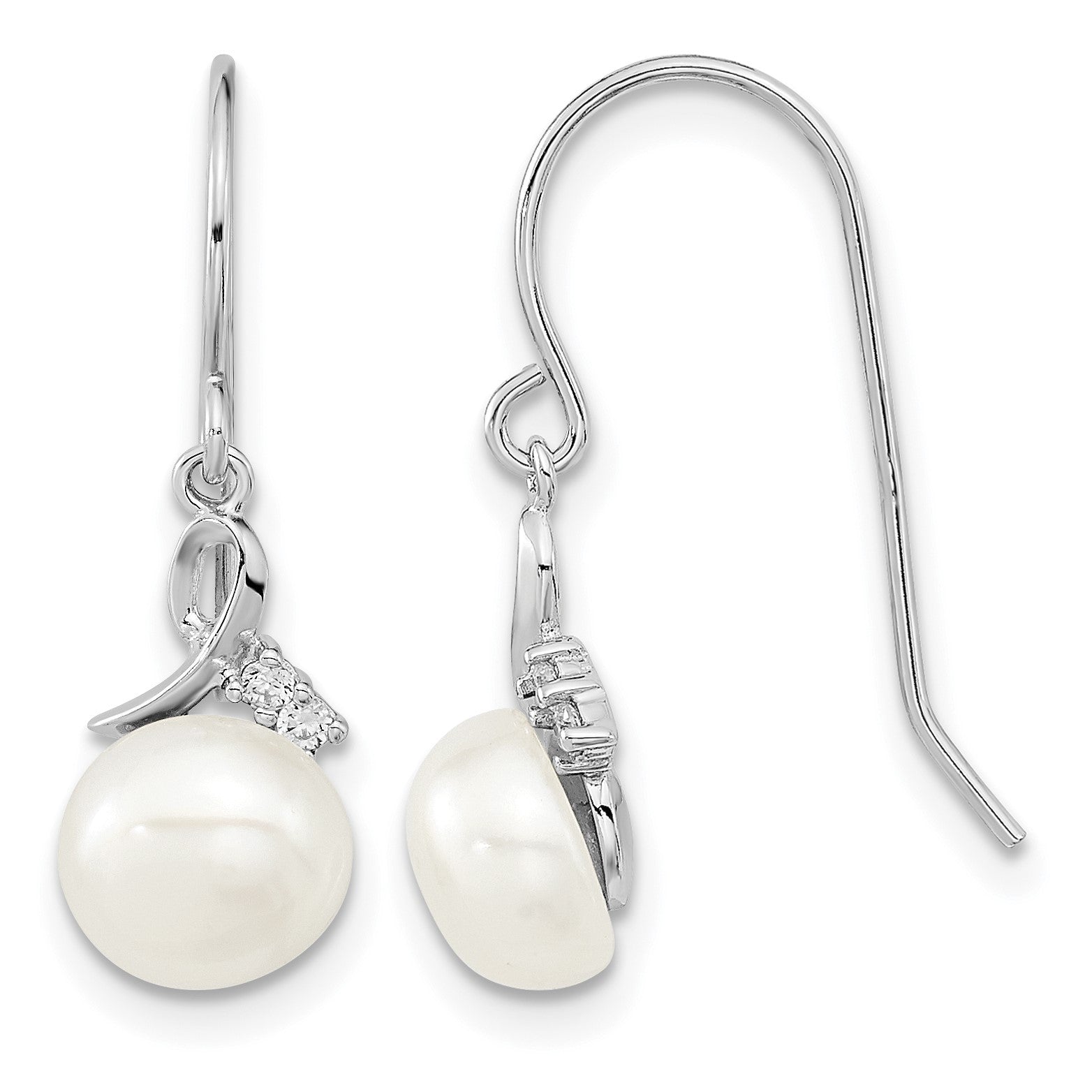 Sterling Silver Rhodium-plated 7-8mm White Semi-Round Freshwater Cultured Pearl and CZ 17 inch Necklace and Dangle Earrings Set