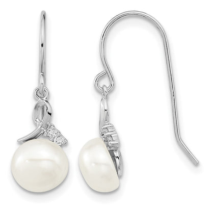 Sterling Silver Rhodium-plated 7-8mm White Semi-Round Freshwater Cultured Pearl and CZ 17 inch Necklace and Dangle Earrings Set