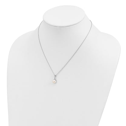 Sterling Silver Rhodium-plated 7-8mm White Semi-Round Freshwater Cultured Pearl and CZ 17 inch Necklace and Dangle Earrings Set