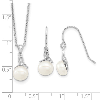 Sterling Silver Rhodium-plated 7-8mm White Semi-Round Freshwater Cultured Pearl and CZ 17 inch Necklace and Dangle Earrings Set