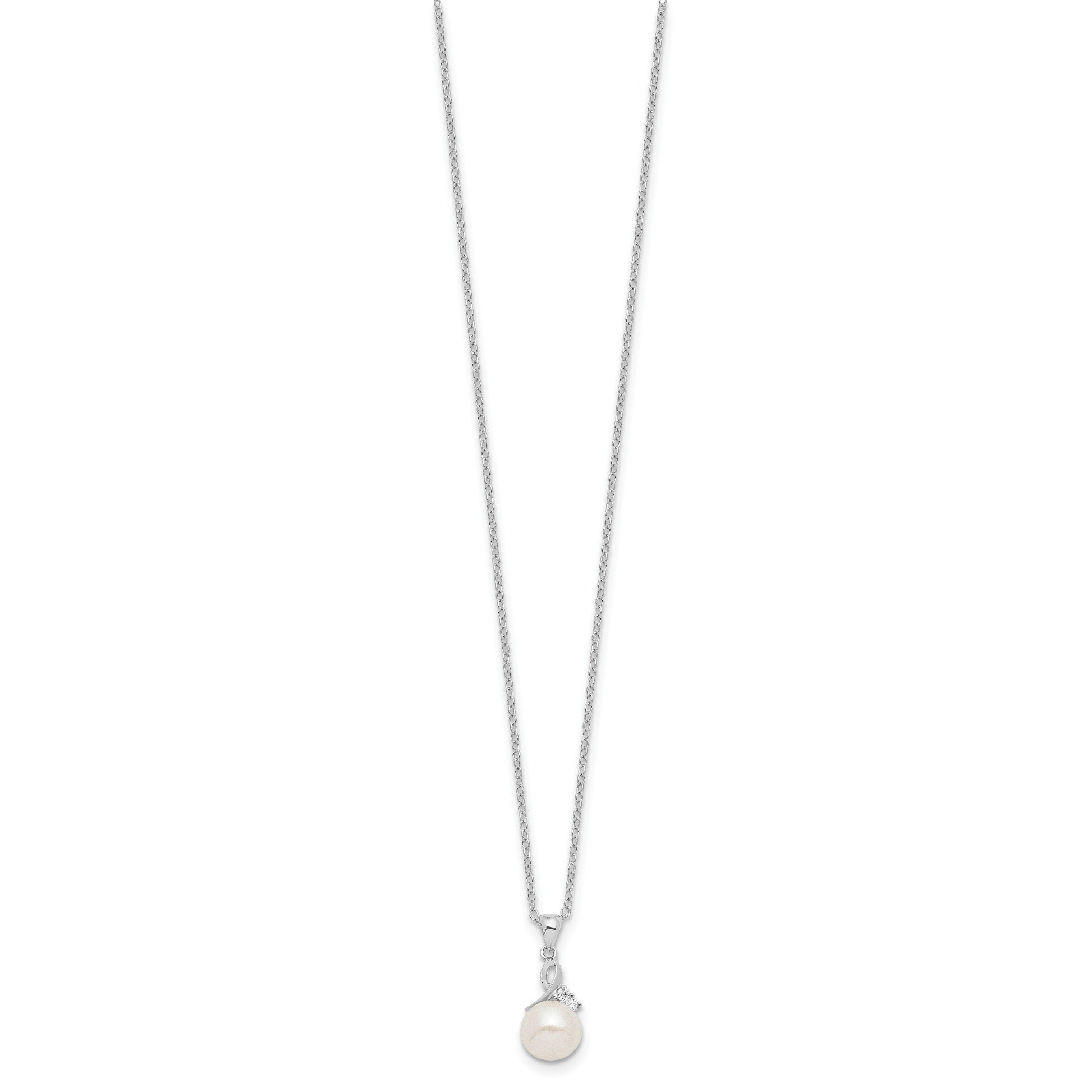 Sterling Silver Rhodium-plated 7-8mm White Semi-Round Freshwater Cultured Pearl and CZ 17 inch Necklace and Dangle Earrings Set