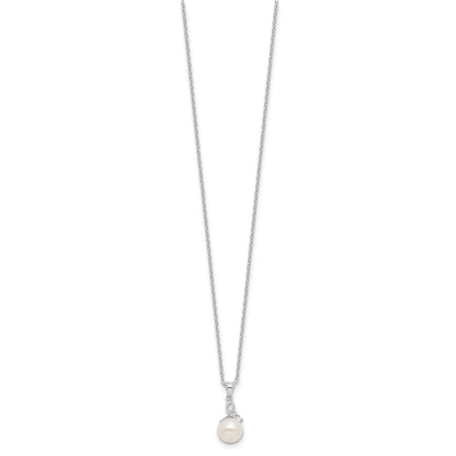 Sterling Silver Rhodium-plated 7-8mm White Semi-Round Freshwater Cultured Pearl and CZ 17 inch Necklace and Dangle Earrings Set