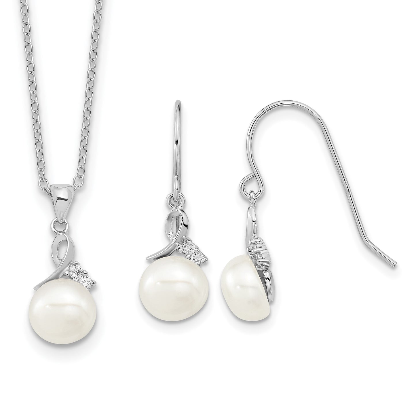 Sterling Silver Rhodium-plated 7-8mm White Semi-Round Freshwater Cultured Pearl and CZ 17 inch Necklace and Dangle Earrings Set