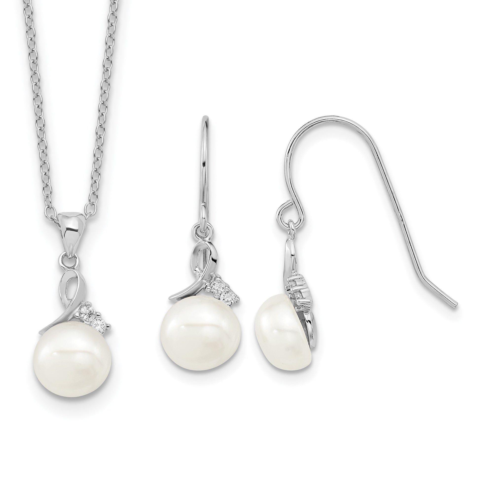 Sterling Silver Rhodium-plated 7-8mm White Semi-Round Freshwater Cultured Pearl and CZ 17 inch Necklace and Dangle Earrings Set