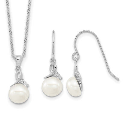 Sterling Silver Rhodium-plated 7-8mm White Semi-Round Freshwater Cultured Pearl and CZ 17 inch Necklace and Dangle Earrings Set