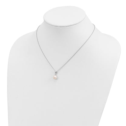 Sterling Silver Rhodium-plated 7-8mm White Teardrop Freshwater Cultured Pearl 17 inch Necklace Button Post Earrings Set