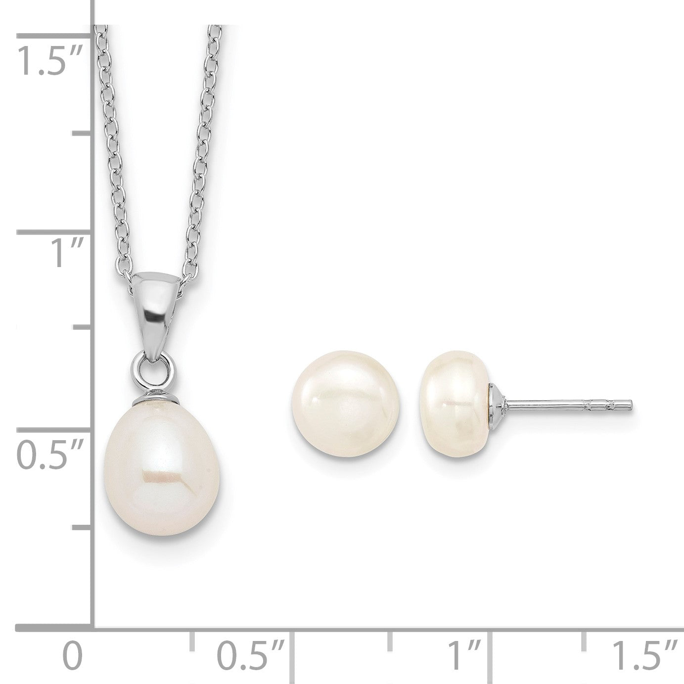 Sterling Silver Rhodium-plated 7-8mm White Teardrop Freshwater Cultured Pearl 17 inch Necklace Button Post Earrings Set