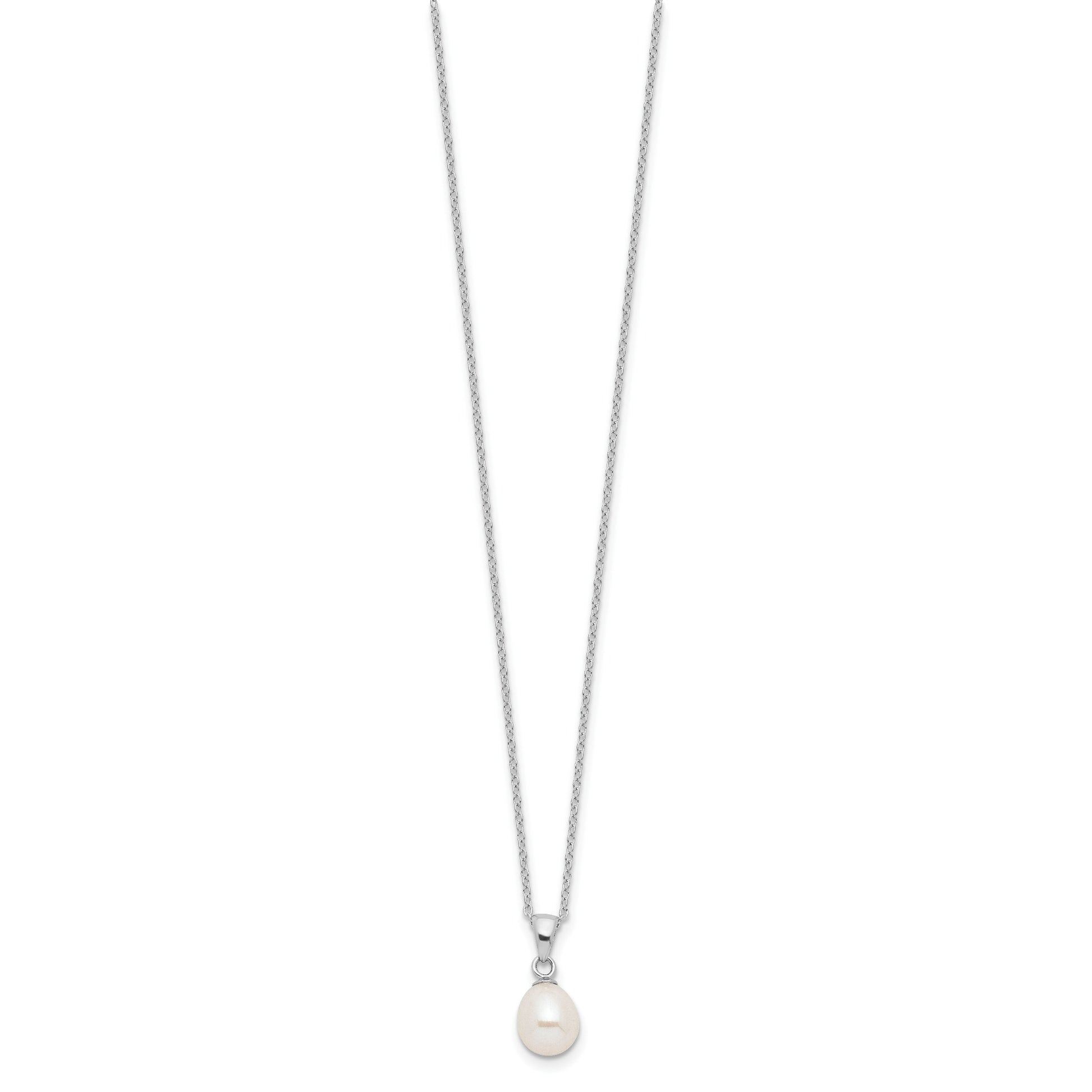 Sterling Silver Rhodium-plated 7-8mm White Teardrop Freshwater Cultured Pearl 17 inch Necklace Button Post Earrings Set