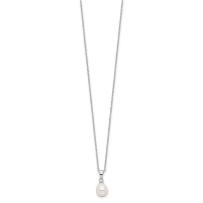Sterling Silver Rhodium-plated 7-8mm White Teardrop Freshwater Cultured Pearl 17 inch Necklace Button Post Earrings Set