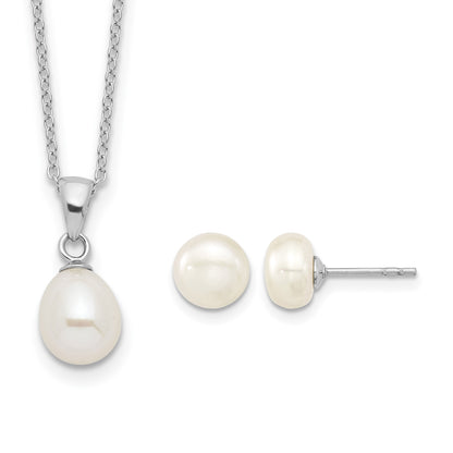 Sterling Silver Rhodium-plated 7-8mm White Teardrop Freshwater Cultured Pearl 17 inch Necklace Button Post Earrings Set