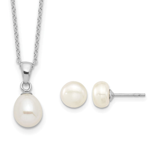 Sterling Silver Rhodium-plated 7-8mm White Teardrop Freshwater Cultured Pearl 17 inch Necklace Button Post Earrings Set