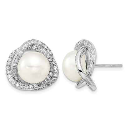 Sterling Silver Rhodium-plated 10-12mm White Button Freshwater Cultured Pearl and CZ 17 inch Necklace and Post Earrings Set