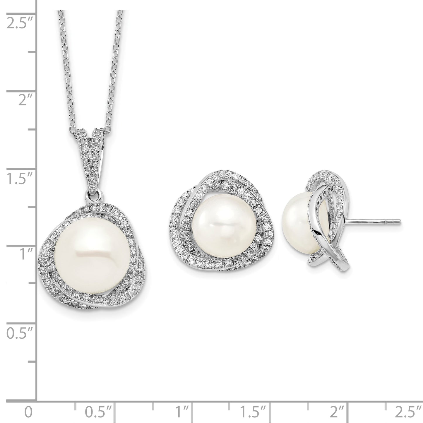 Sterling Silver Rhodium-plated 10-12mm White Button Freshwater Cultured Pearl and CZ 17 inch Necklace and Post Earrings Set