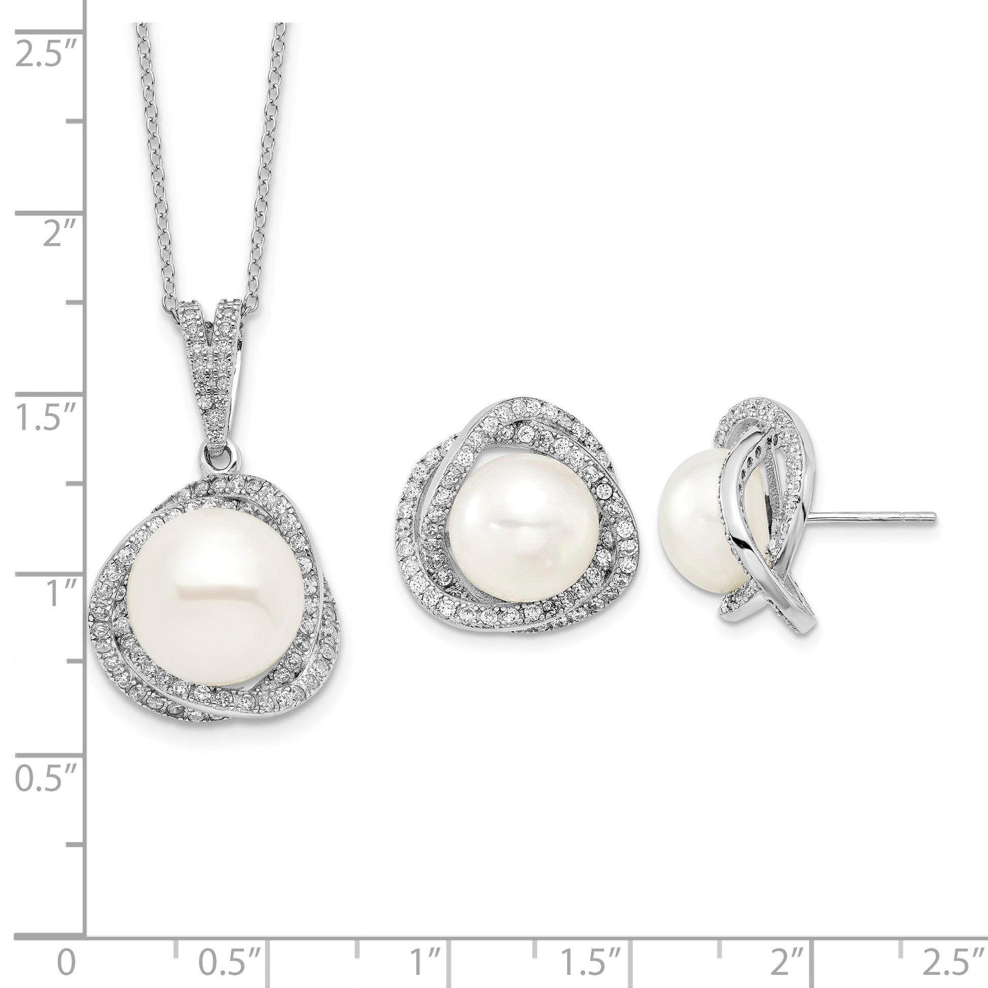 Sterling Silver Rhodium-plated 10-12mm White Button Freshwater Cultured Pearl and CZ 17 inch Necklace and Post Earrings Set