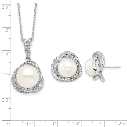 Sterling Silver Rhodium-plated 10-12mm White Button Freshwater Cultured Pearl and CZ 17 inch Necklace and Post Earrings Set