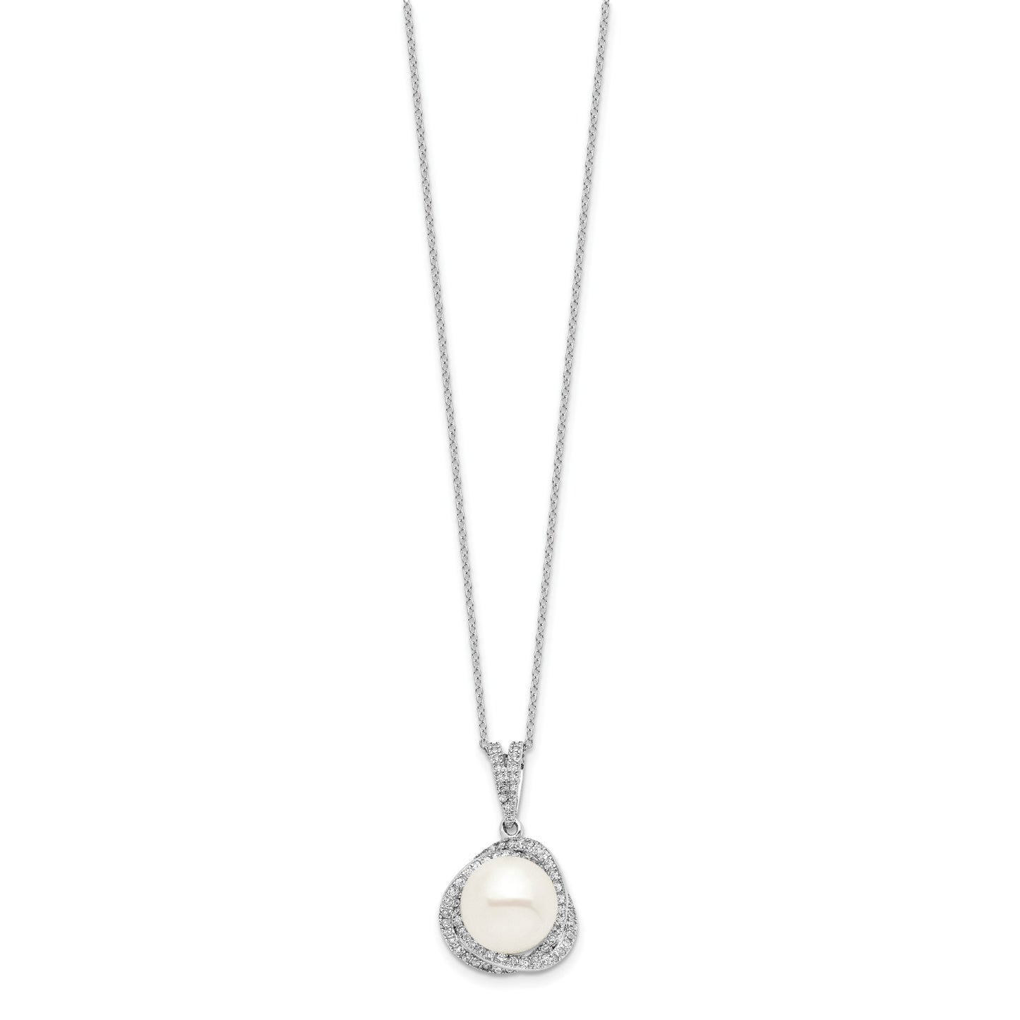 Sterling Silver Rhodium-plated 10-12mm White Button Freshwater Cultured Pearl and CZ 17 inch Necklace and Post Earrings Set