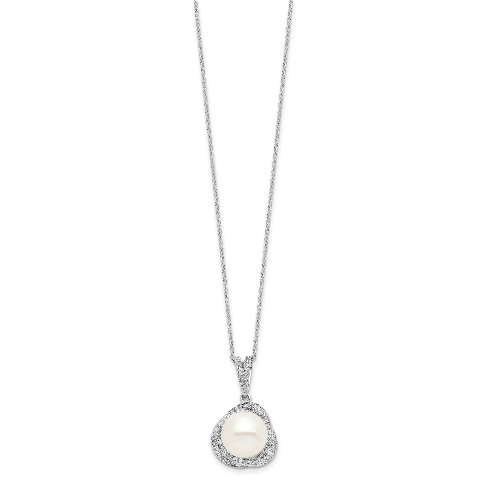 Sterling Silver Rhodium-plated 10-12mm White Button Freshwater Cultured Pearl and CZ 17 inch Necklace and Post Earrings Set