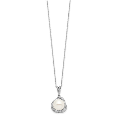 Sterling Silver Rhodium-plated 10-12mm White Button Freshwater Cultured Pearl and CZ 17 inch Necklace and Post Earrings Set