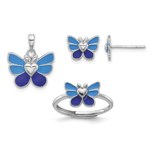 Sterling Silver Rhodium-plated Polished & Enameled Butterfly Children's Earring Ring & Pendant Set