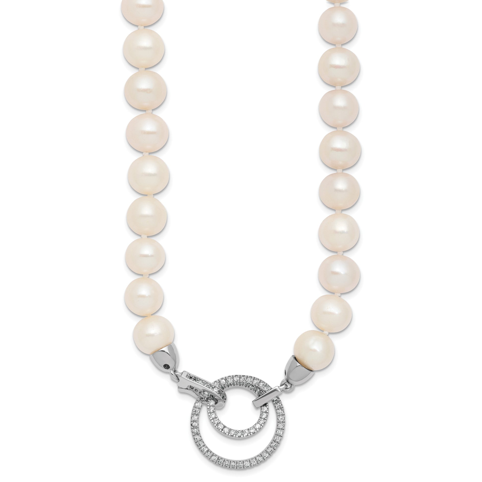 Sterling Silver Rhodium-plated 10-11mm White Near-Round Freshwater Cultured Pearl and CZ Clasp Adjustable 19.5 inch Necklace