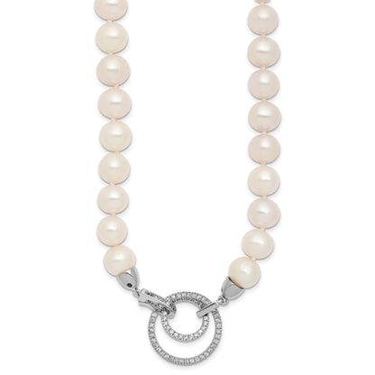 Sterling Silver Rhodium-plated 10-11mm White Near-Round Freshwater Cultured Pearl and CZ Clasp Adjustable 19.5 inch Necklace
