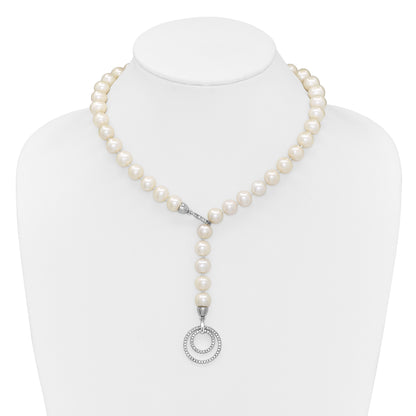 Sterling Silver Rhodium-plated 10-11mm White Near-Round Freshwater Cultured Pearl and CZ Clasp Adjustable 19.5 inch Necklace