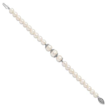 Sterling Silver Rhodium-plated 7-10mm White Near-Round Freshwater Cultured Pearl Fancy 7 inch Bracelet