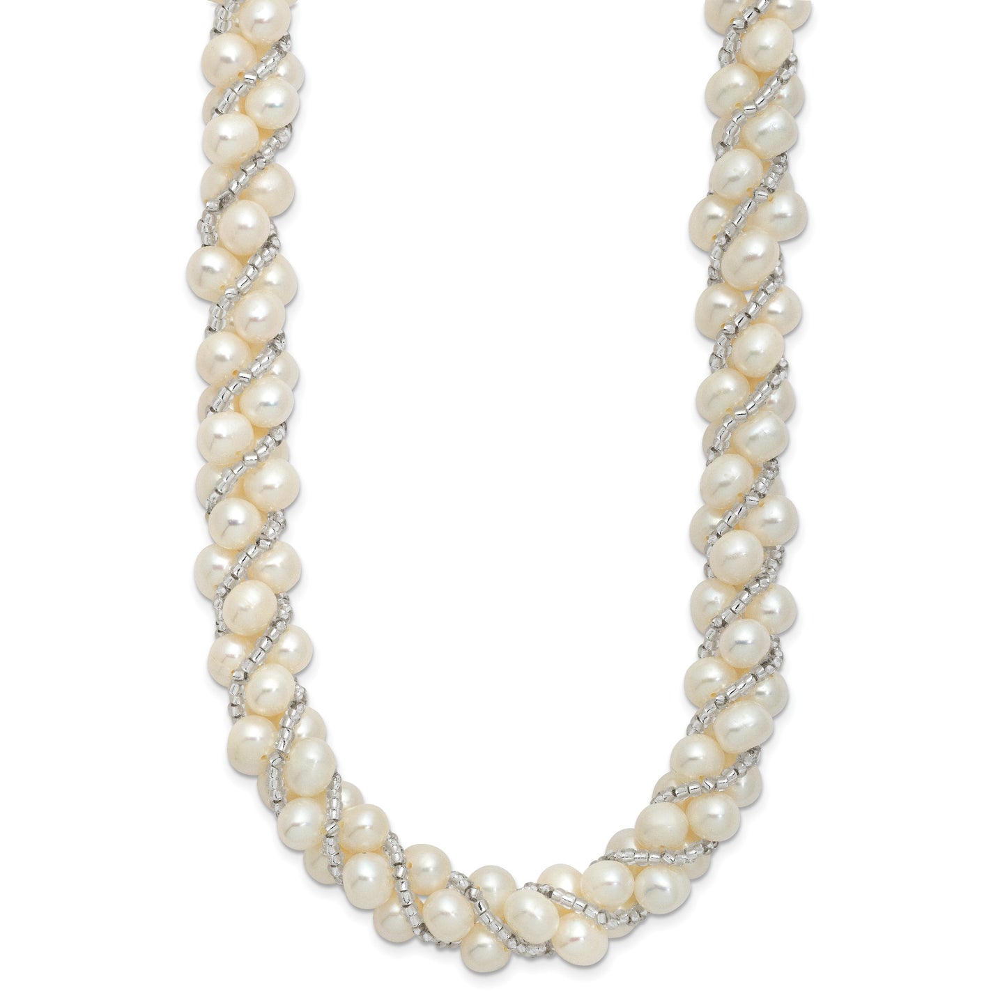 Sterling Silver Rhodium-plated 6-7mm White Near-Round Pearl and Glass Beaded Twisted 18 inch Necklace