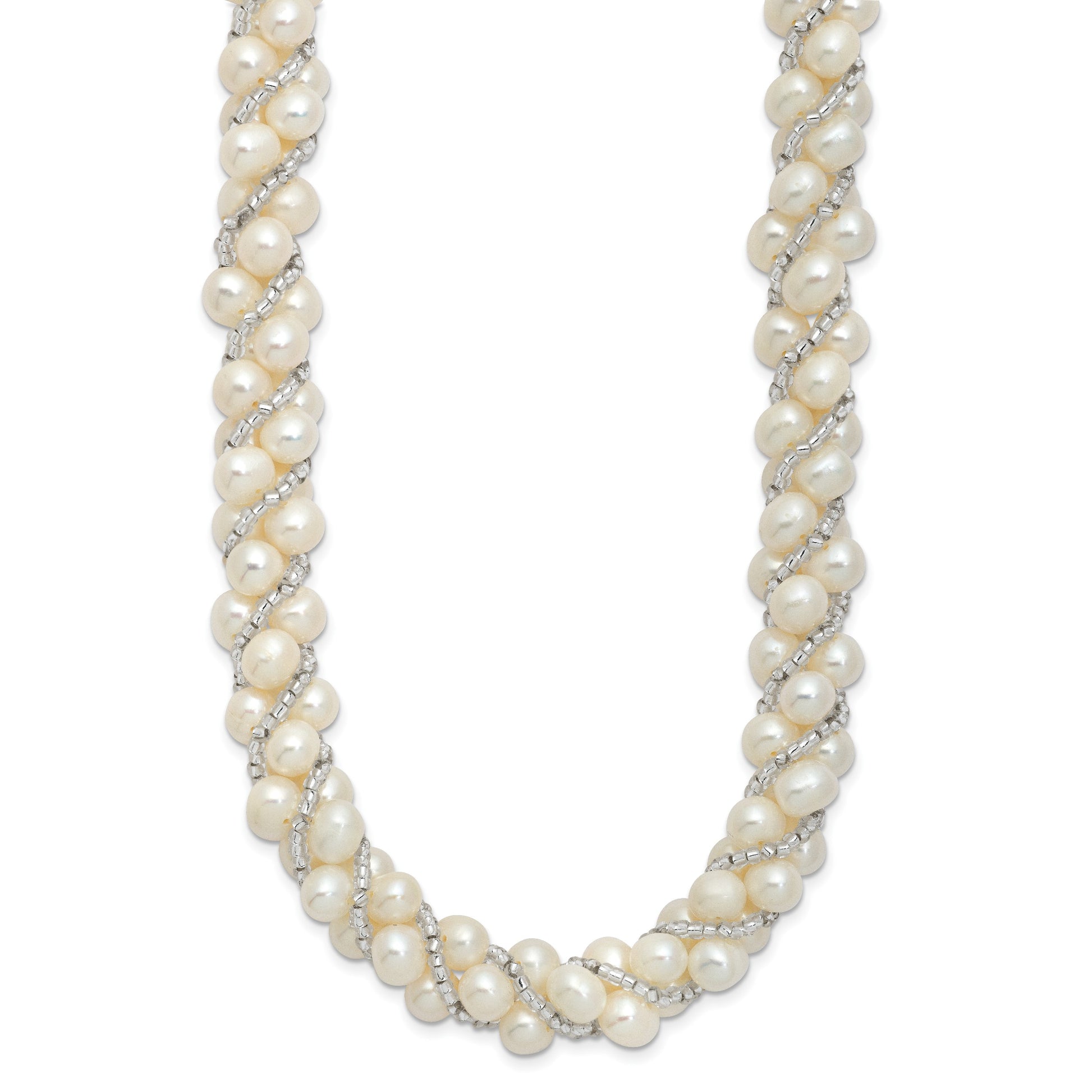 Sterling Silver Rhodium-plated 6-7mm White Near-Round Pearl and Glass Beaded Twisted 18 inch Necklace