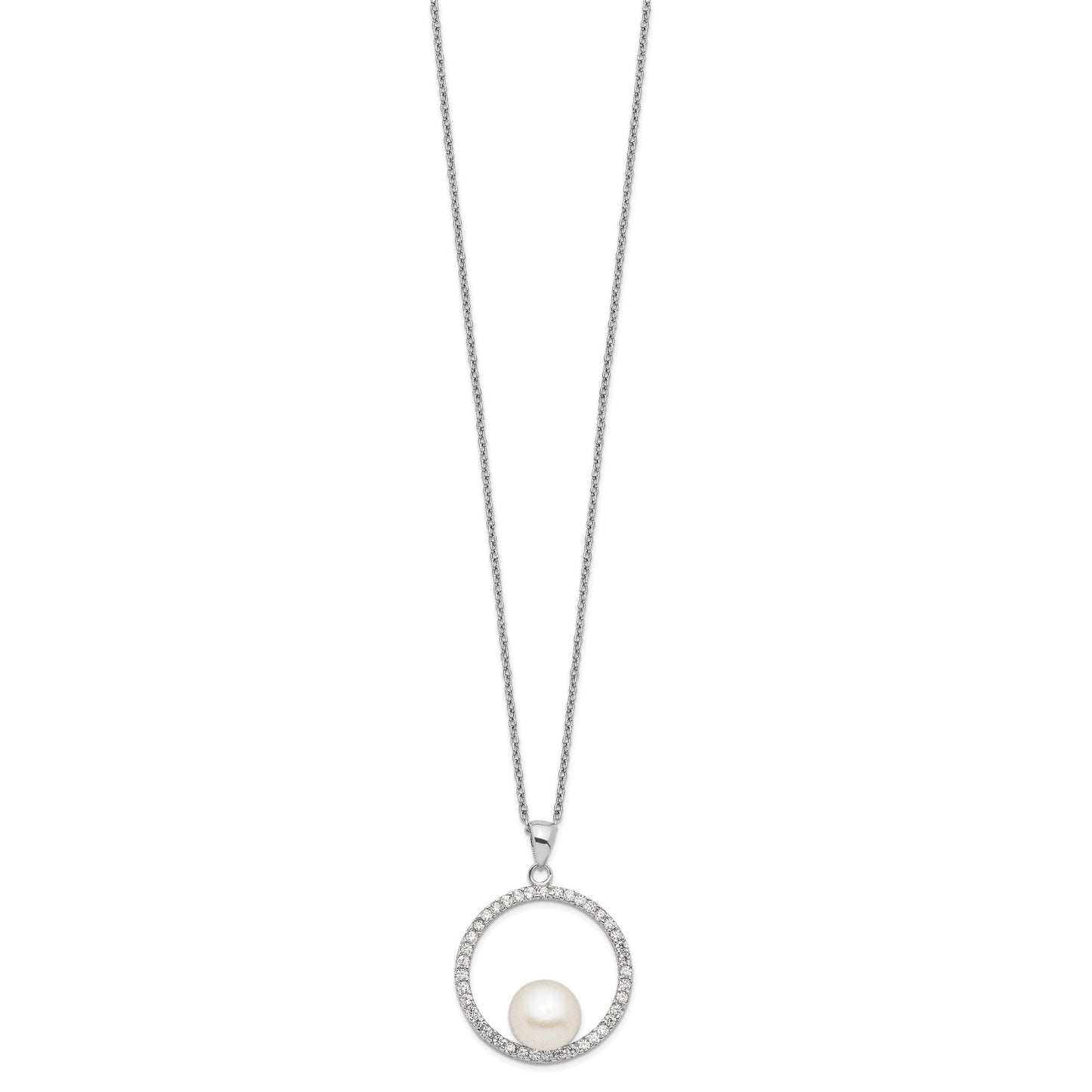Sterling Silver Rhodium-plated 8-9mm White Button Freshwater Cultured Pearl and CZ 17 inch Necklace