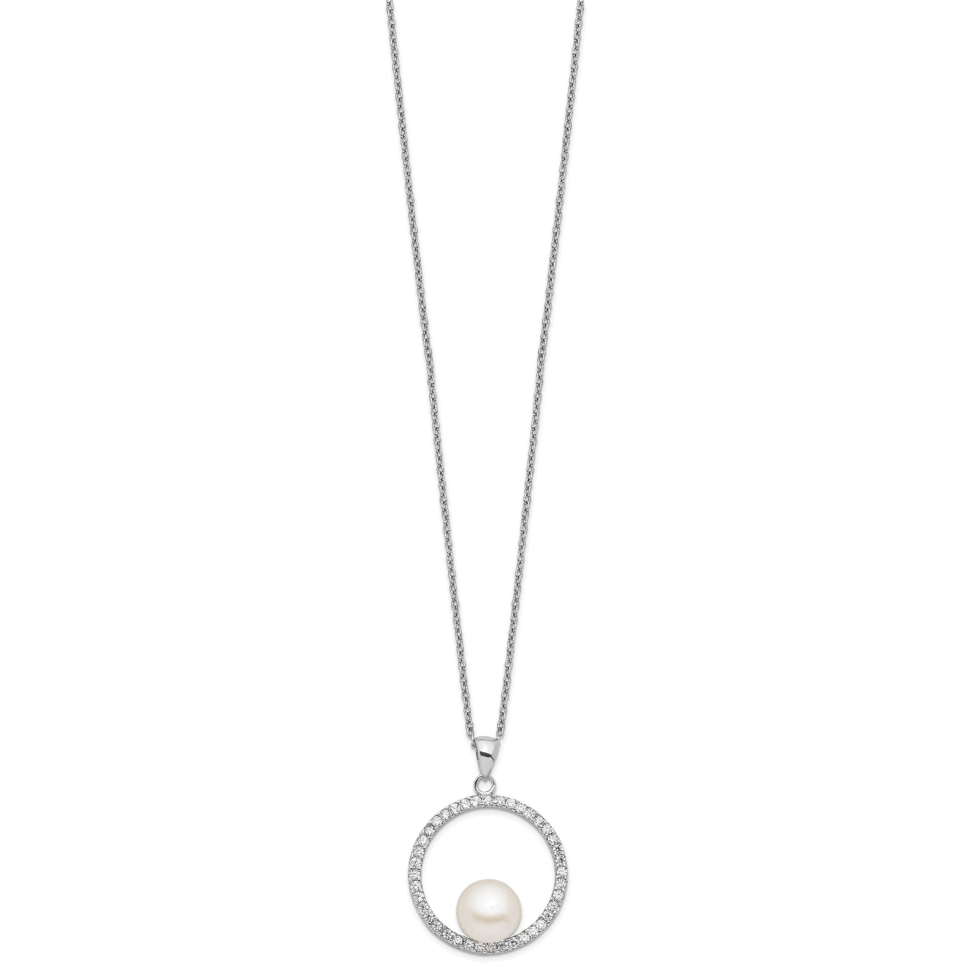 Sterling Silver Rhodium-plated 8-9mm White Button Freshwater Cultured Pearl and CZ 17 inch Necklace