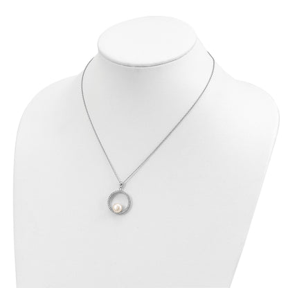 Sterling Silver Rhodium-plated 8-9mm White Button Freshwater Cultured Pearl and CZ 17 inch Necklace